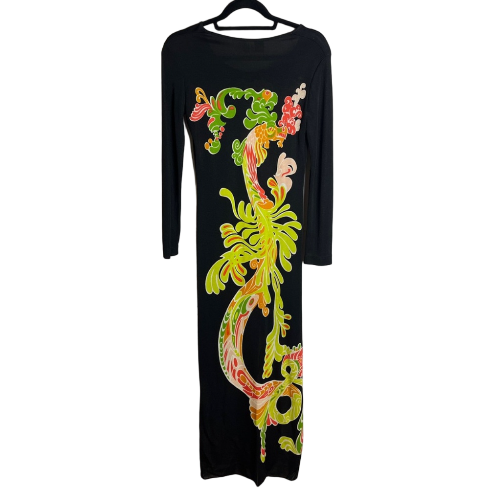 Milli Hamilton Vintage Black Dragon Print Maxi Dress Long Sleeve Canadian Luxury - Picture 8 of 12